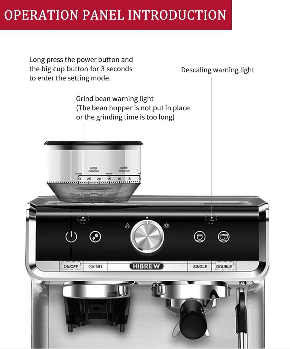 HiBREW Barista Pro 19Bar Bean Grinder Steamer Espresso Coffee Machine