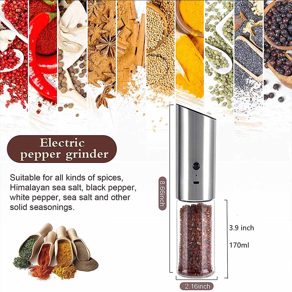 USB Rechargeable Electric Spice Grinder Kitchen Tools Glass Jar Salt and  Pepper Grinder