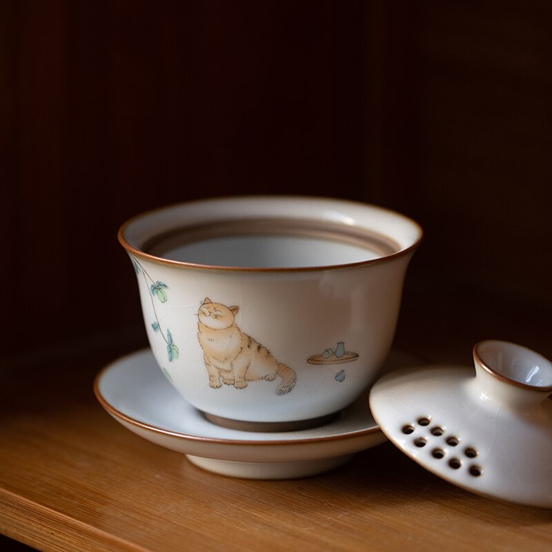 Ceramic Gaiwan With Filters Cute Cat Tureen Cup 150ml