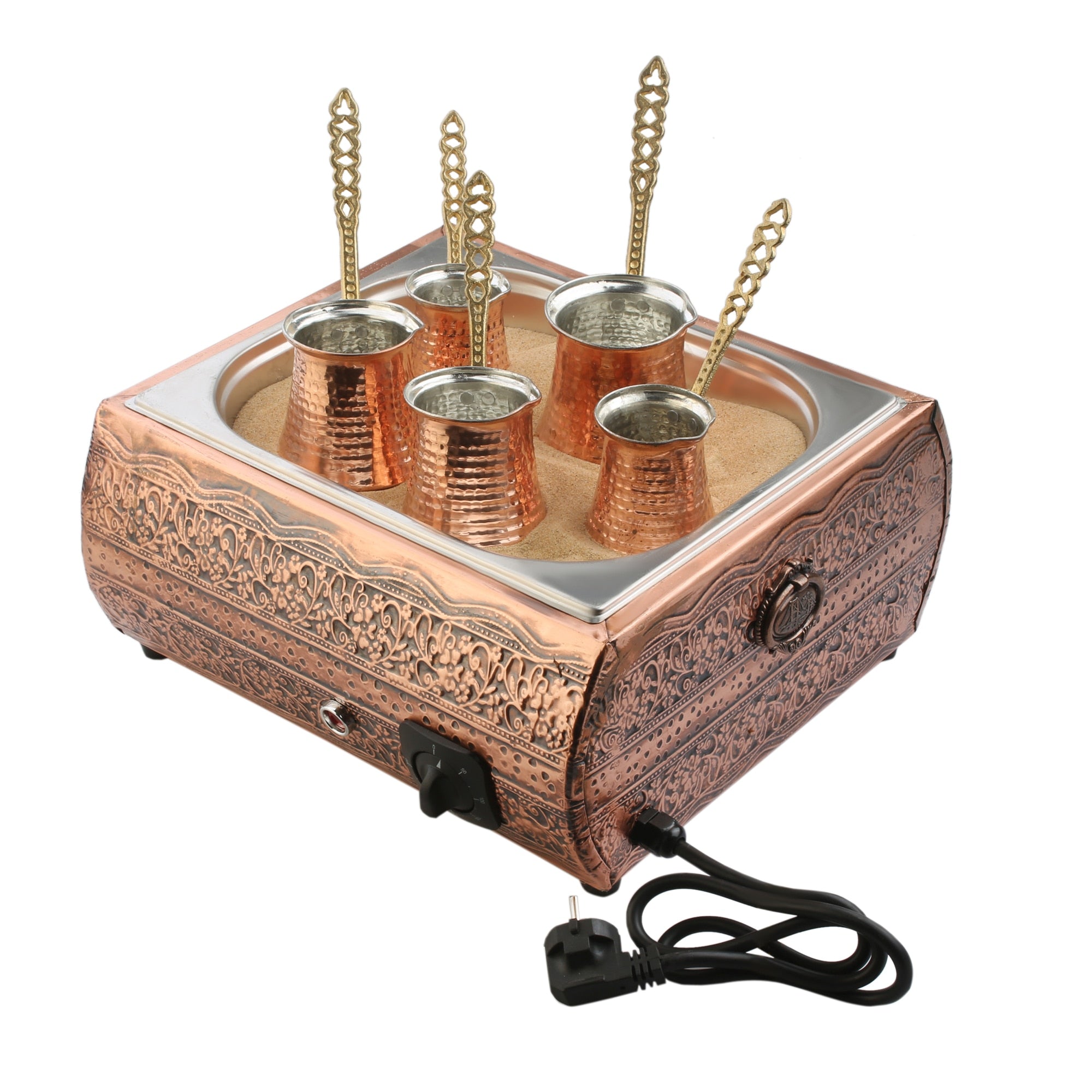 Authentic Turkish Copper Electric Hot Sand Coffee Maker Heater Machine 110V-220V and 5 Size Turkish Coffee Pot