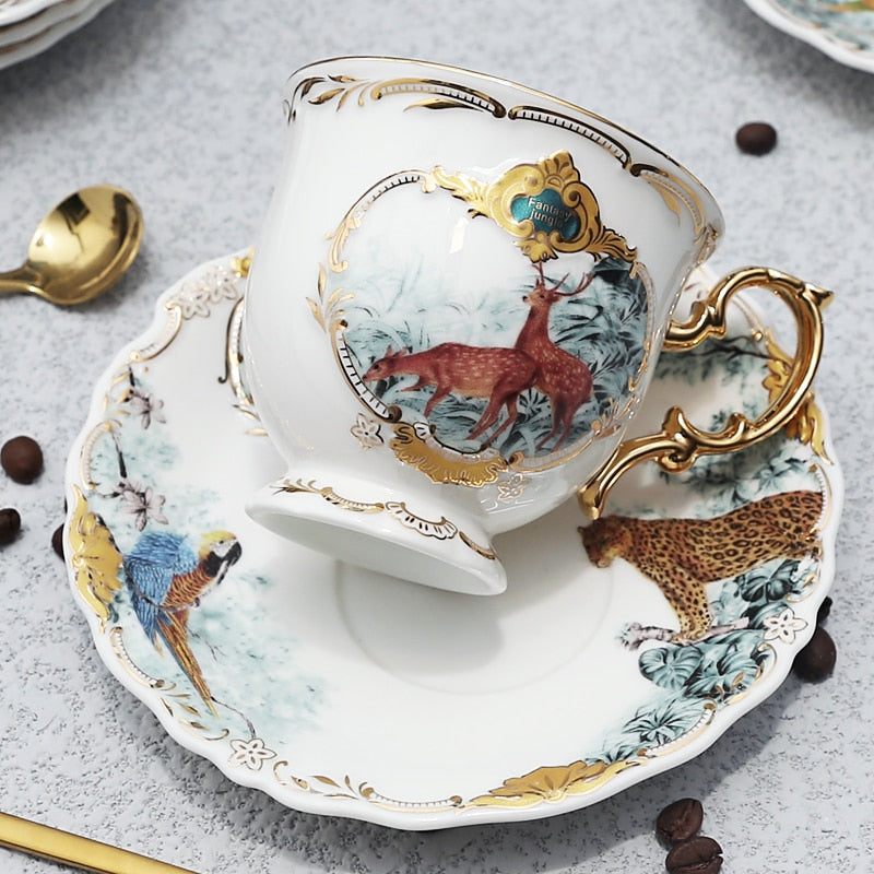 Porcelain Coffee Set Jungle Animal Cup and Saucer Gold Tea Cup