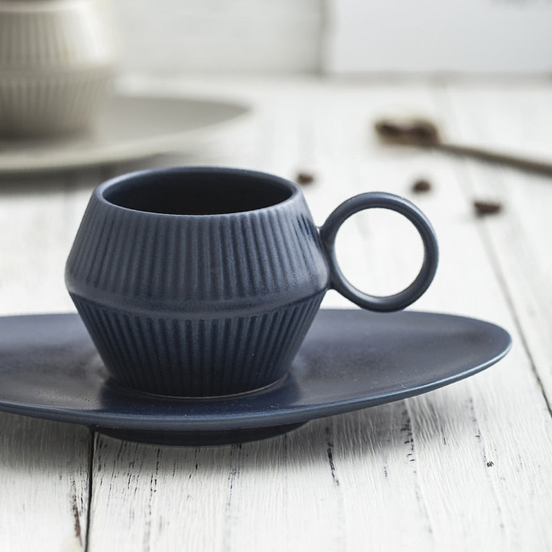 Roman Style Vertical Stripes Ceramic Espresso Mug Saucer Kit Cafe