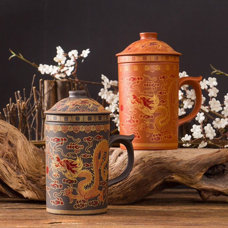 Handmade Ceramic Retro Yixing Dragon Phenix Purple Clay Tea Mug