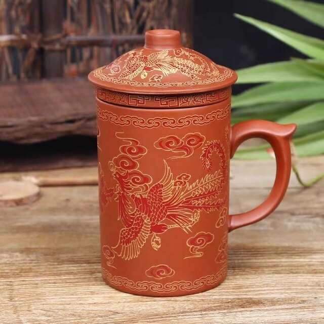 Handmade Ceramic Retro Yixing Dragon Phenix Purple Clay Tea Mug with Lid and Infuser