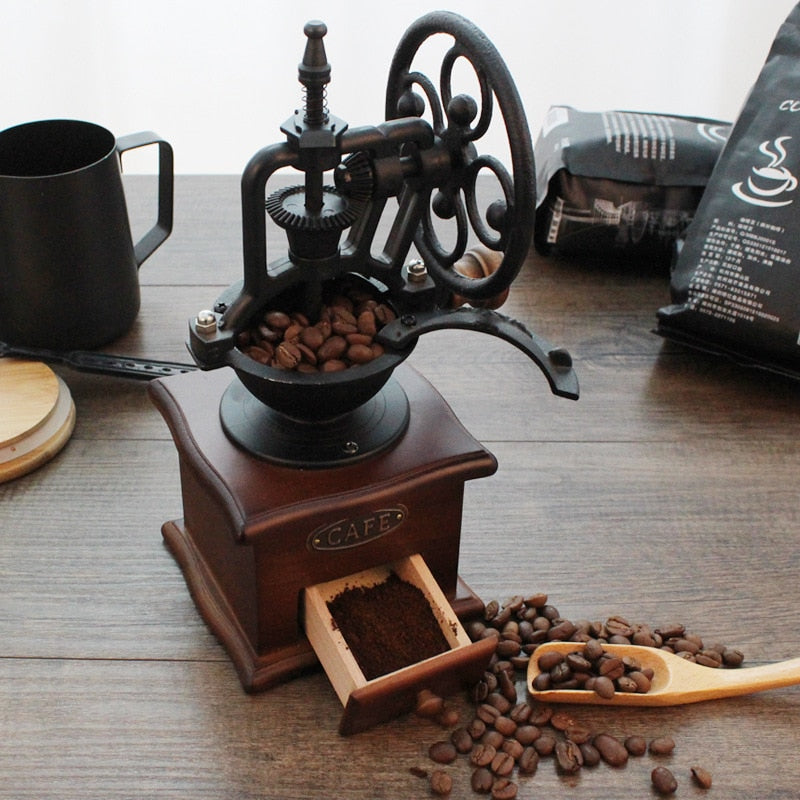 Classical Wooden Manual Coffee Grinder Hand Cast Iron Retro Handmade Coffee Beans Spice Mini Burr Mill Grinders