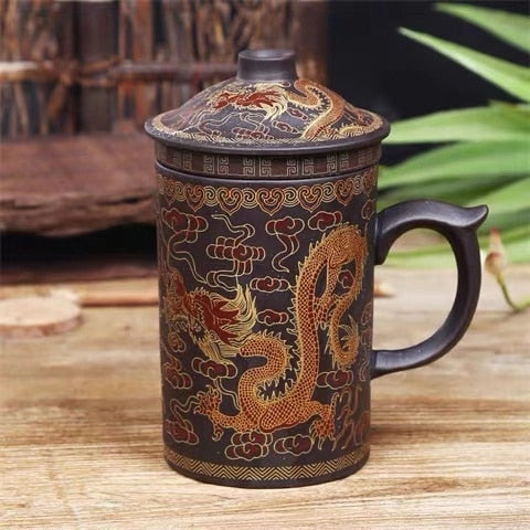 Handmade Ceramic Mug Purple Clay Tea Mug with Lid and Infuser
