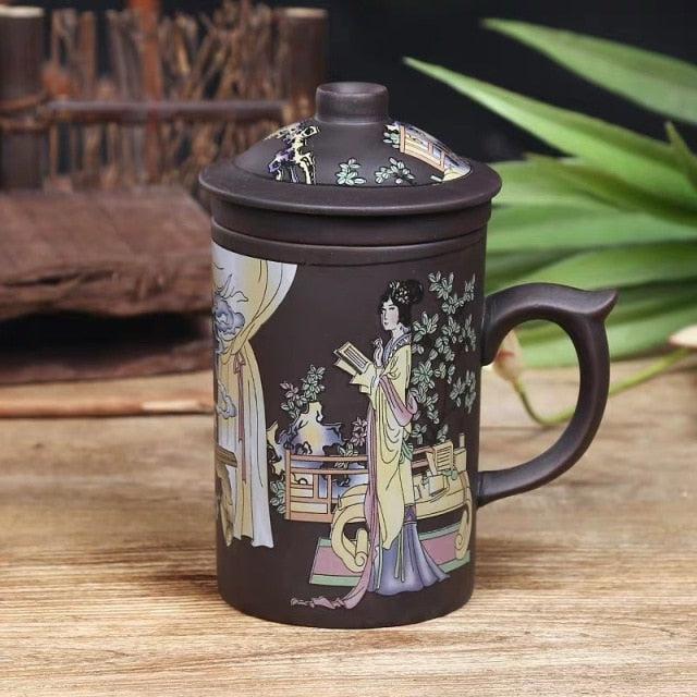 Handmade Ceramic Mug Purple Clay Tea Mug with Lid and Infuser