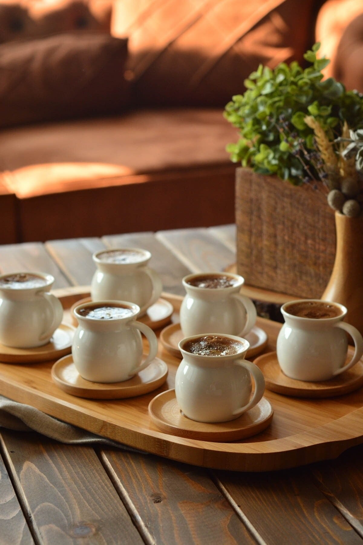 6 Person Tea Coffee Cup Set with Bamboo Coaster Saucers