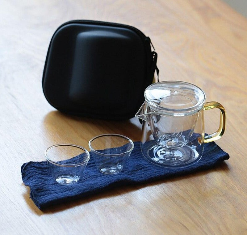Travel Kung Fu Glass Tea Set with Carrying Bag Portable Outdoor 1 Pot 2 Cups