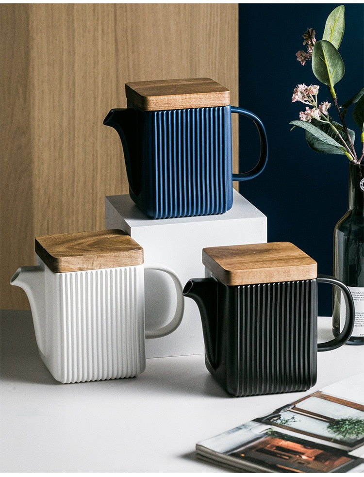 Nordic Ceramic Square Straight Grain Acacia Wood Cover Tea Set Coffee
